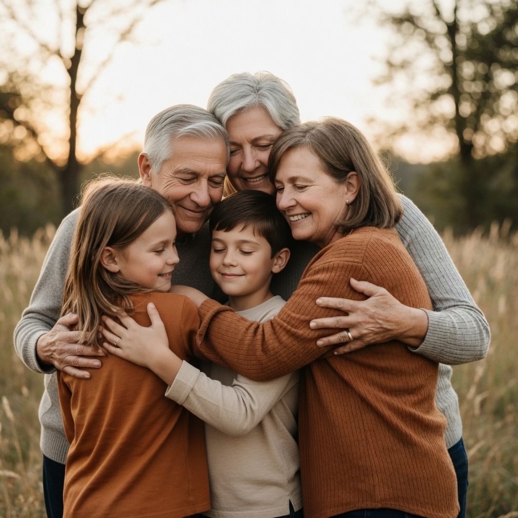 Family embracing outdoors